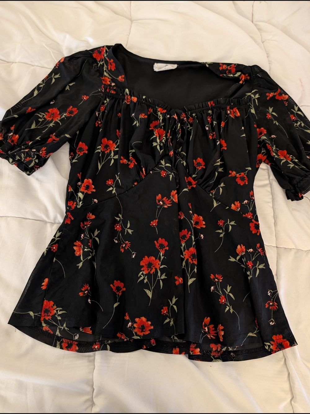 Off-Shoulder Floral Blouse in Black and Red